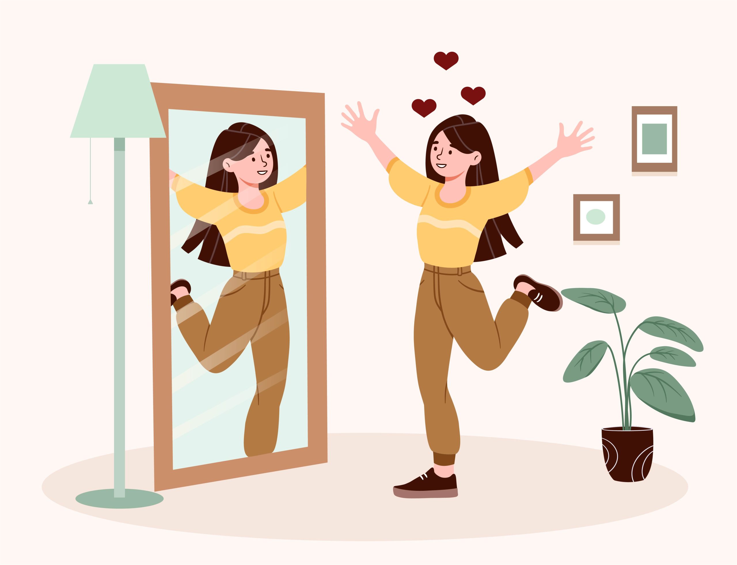 Young girl looks at her reflection and looks happy after seeing Behaviour support practitioner at Holisticare.